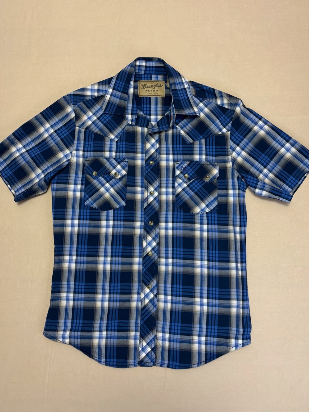 Wrangler Navy & White Plaid Short Sleeve Western Cotton Shirt Men's Size Small